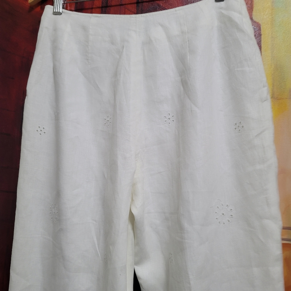 Charter Club White Linen Eyelet Lace Scalloped Hem Straight Leg Pants Size 8 - Picture 8 of 12